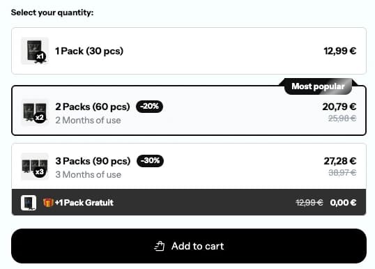 ConvertX Bundles sur une fiche produit : packs de 1, 2 et 3 avec remises, badge « le plus populaire » et cadeau offert