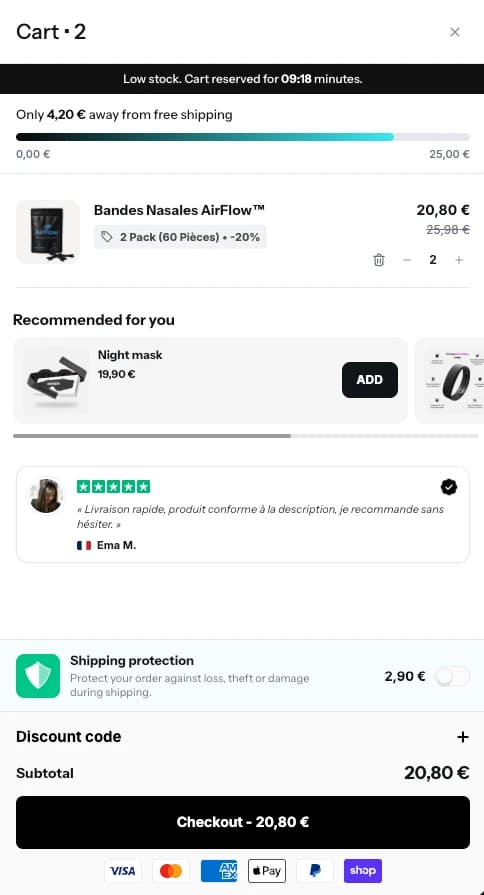 Cart drawer ConvertX : minuteur de réservation, barre de livraison offerte, recommandations, avis, protection de colis et paiement