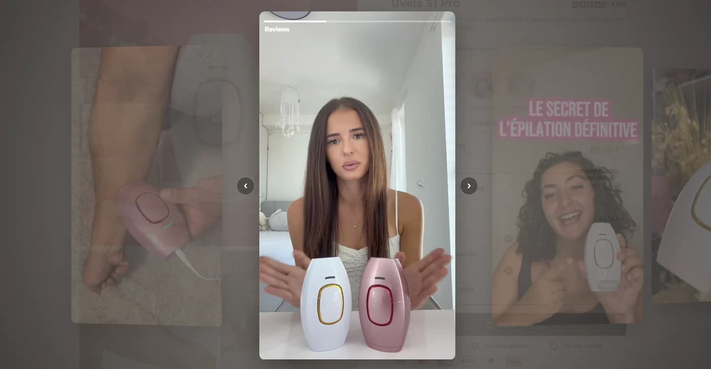 ConvertX Stories : lecteur de vidéos verticales shoppables ouvert par-dessus la fiche produit